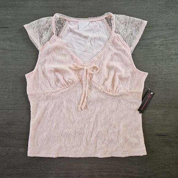 Junior Lace Babydoll Top Pink Cap Sleeve Y2K Fairy Coquette Large Bow NEW - Picture 1 of 5